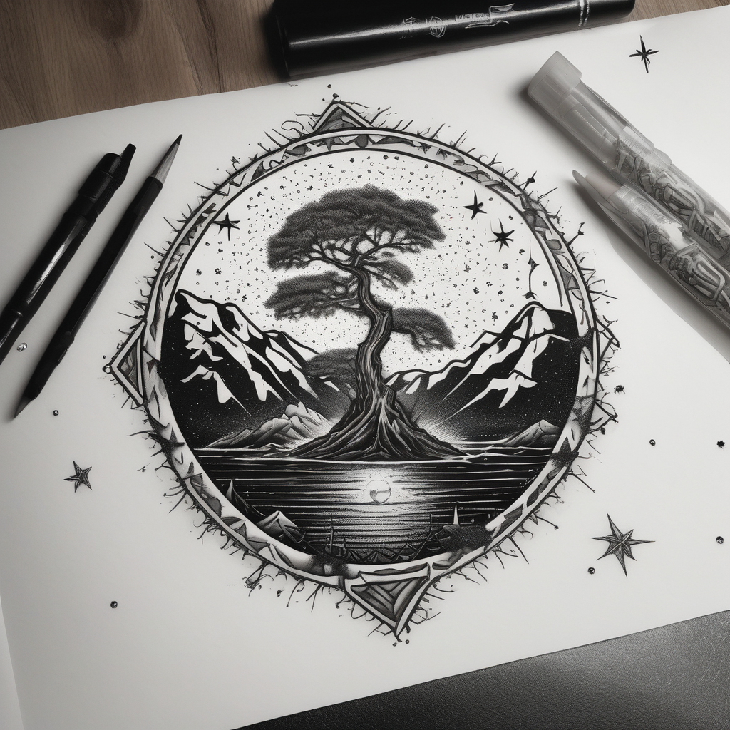 tattoo that has an acacia tree with mountains, ocean with a ship wreck with sharks and the bright northern star hello kitty tattoo, AI-generated Dotwork tattoo design
